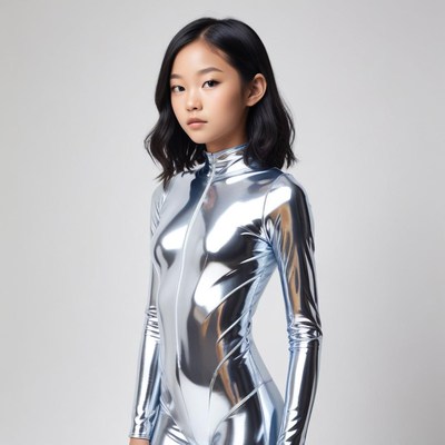 Young model in shiny outfit