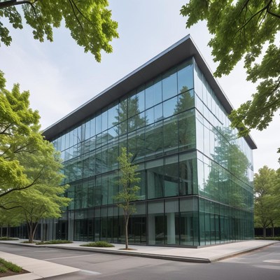 Modern glass building with trees