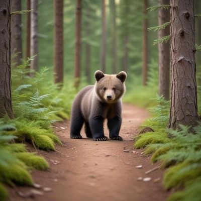 Bear walking in forest path