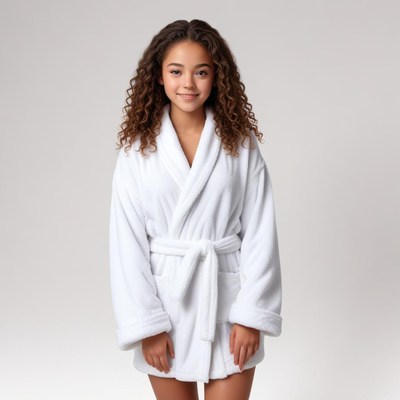 Relaxing in a white robe indoors