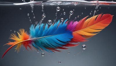 Colorful feather underwater with bubbles