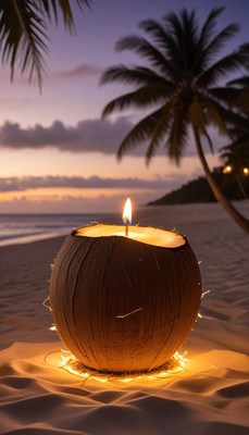 Coconut candle on beach at dusk