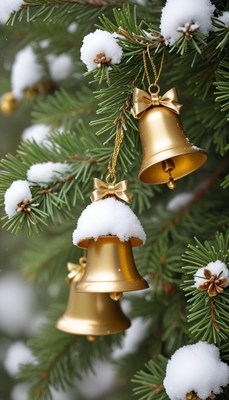 Golden bells on snowy evergreen branches