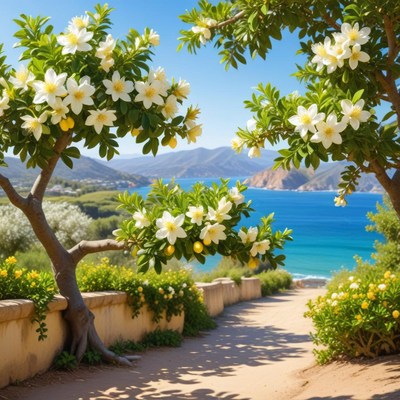 Scenic path by the coast with blooming flowers