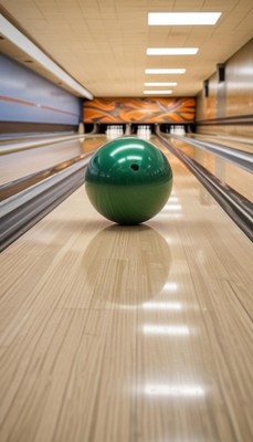 Green bowling ball rolls down lane