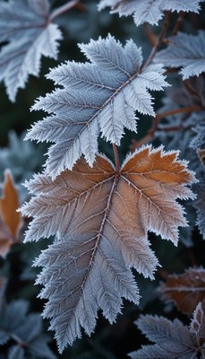 Frosty leaves in morning light