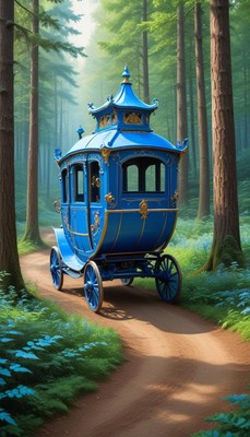 Blue carriage in forest path