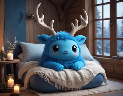 Blue plush creature in cozy cabin