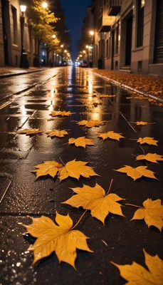 Autumn leaves on wet street at night