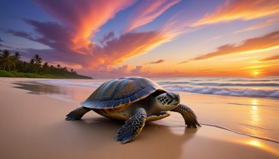 Turtle on beach at sunset