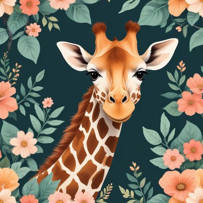 Giraffe among colorful flowers