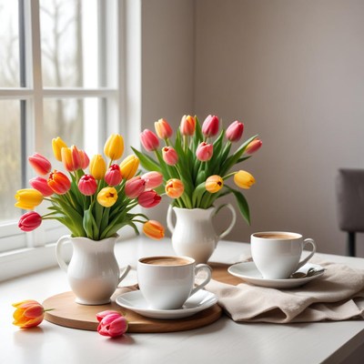 Colorful tulips brighten morning coffee