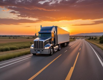 Truck on highway at sunset
