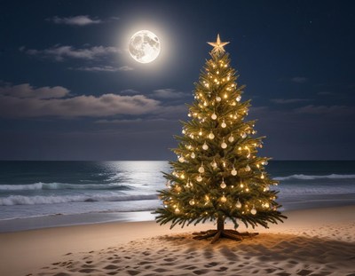 Christmas tree on the beach at night
