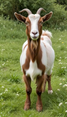 Brown and white goat in green field