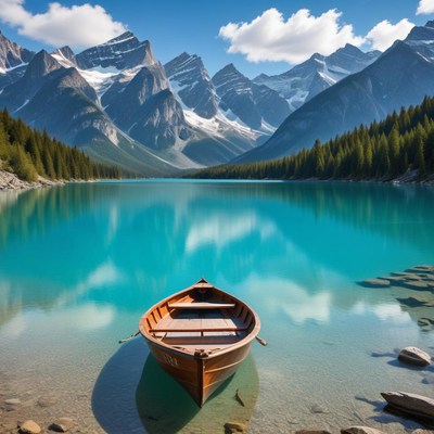 Mountain lake with wooden boat