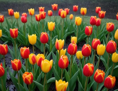 Colorful tulip garden in rain