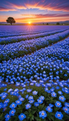 Vibrant blue flower fields at sunset