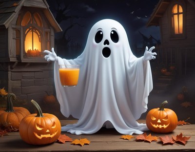 Spooky ghost holding drink in halloween setting