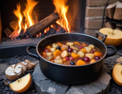 Fruits cooking by the fireplace