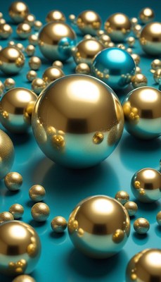 Golden and blue spheres on blue background