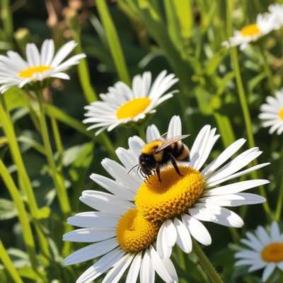 Bee gathering nectar on daisies