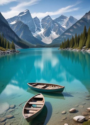 Calm lake boats at mountain scenery
