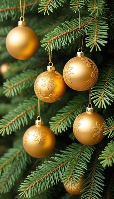 Gold ornaments hanging on a christmas tree