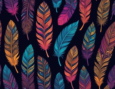 Colorful feather patterns on dark background