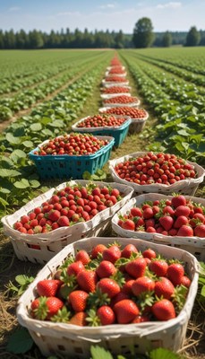 Fresh strawberry harvest in sunny field