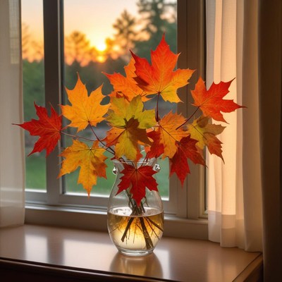 Bright autumn leaves in glass vase