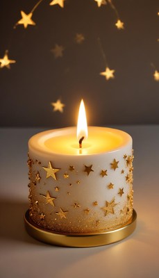 Golden star candle glows gently