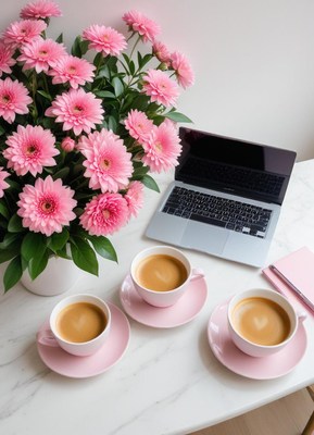 Bright workspace with coffee and flowers