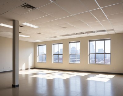 Bright empty office space with city view
