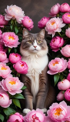 Cat surrounded by blooming peonies