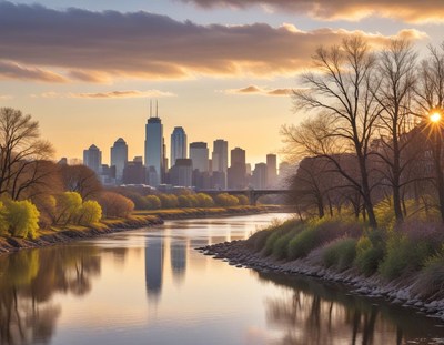 Sunset over city skyline and river