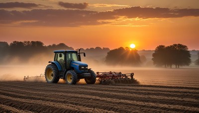 Plowing fields at sunset