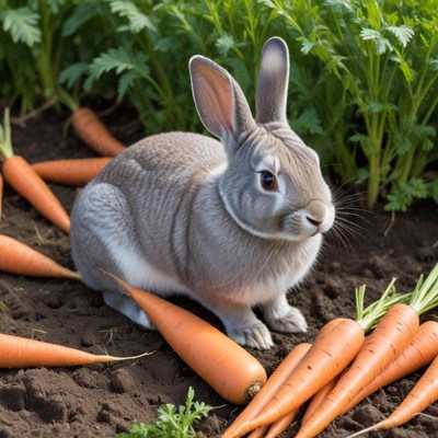 Rabbit surrounded by fresh carrots in garden