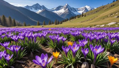 Colorful flowers bloom in mountain valley