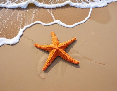 Bright orange starfish on sandy beach