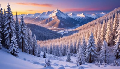 Snowy mountain landscape at sunset