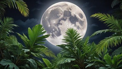 Bright full moon over lush greenery