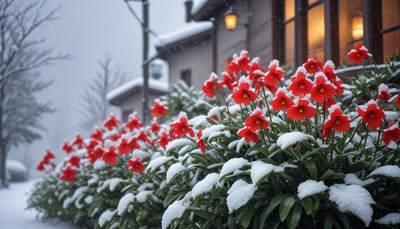 Red flowers covered in snow