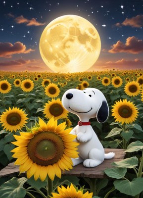 Dog in sunflower field at night