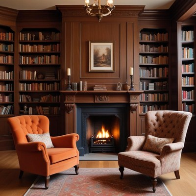Cozy reading nook with fireplace and books