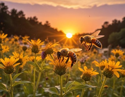 Bees pollinating flowers at sunset
