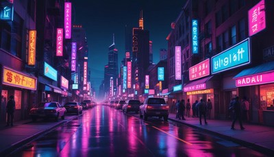 Neon lights illuminate city streets at night