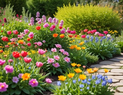 Colorful spring flower garden blooms