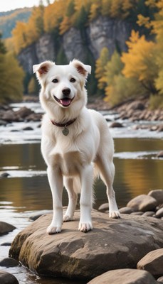 Dog standing on rock by river