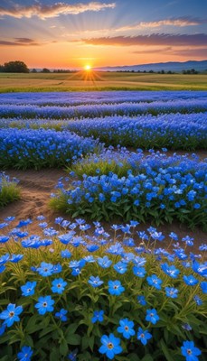 Fields of blue flowers at sunset